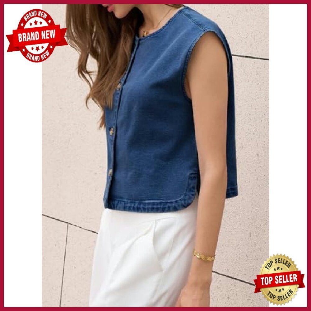 Cropped Denim Vest Cap Sleeve Button Down Summer Casual Waistcoat - Picture 4 of 8